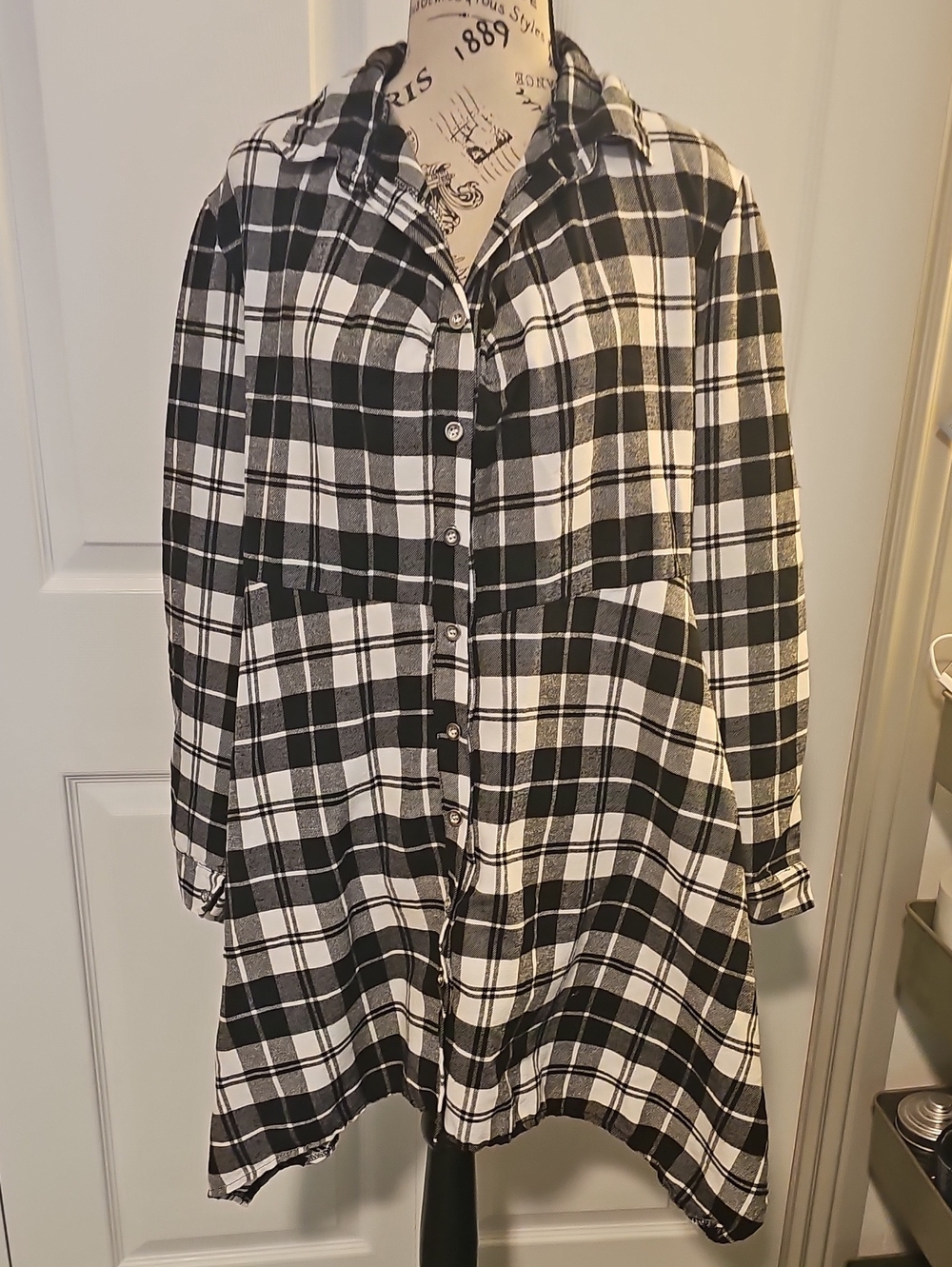 Black and White Plaid Button-Up Tunic